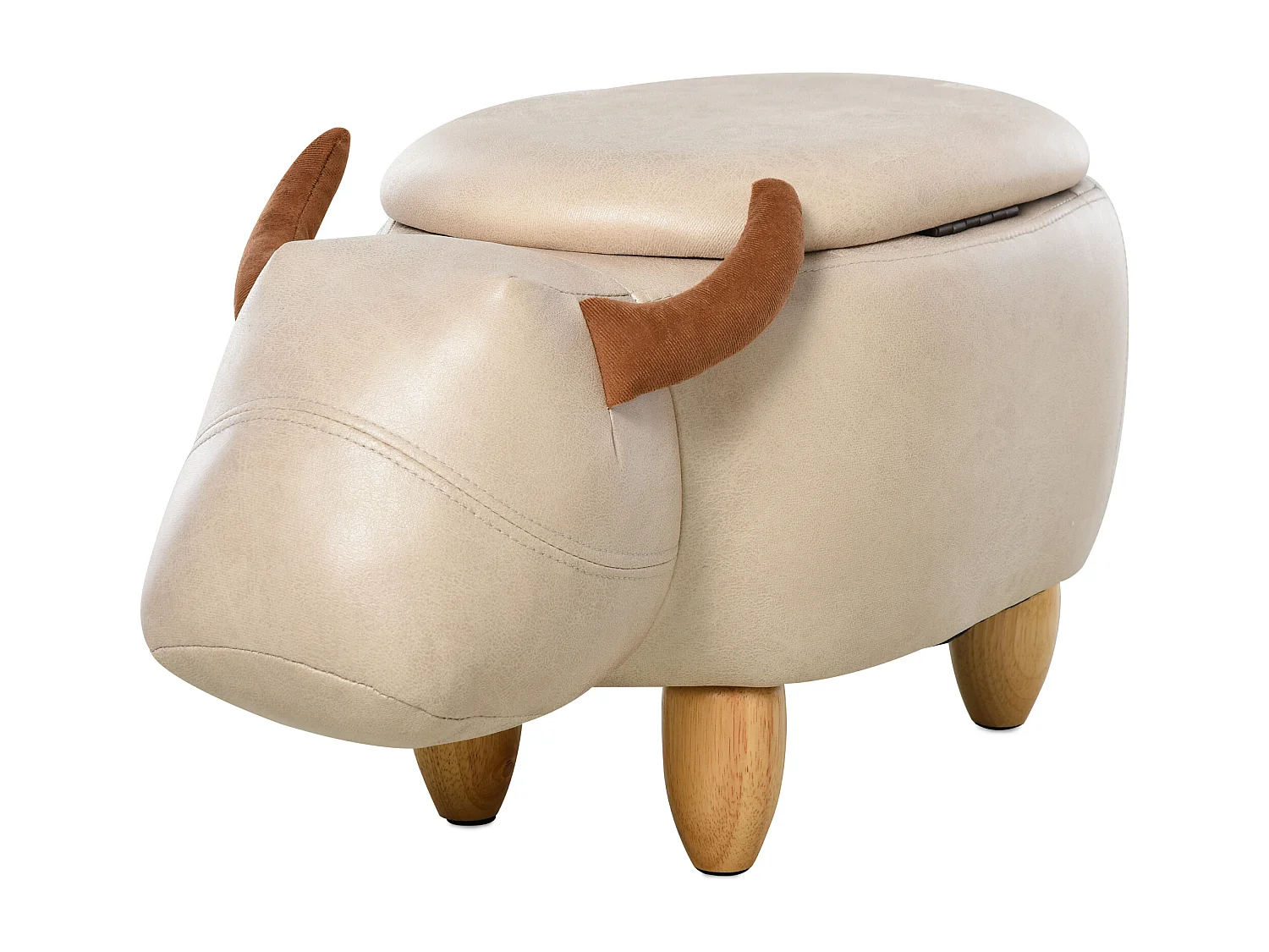 Tabouret vache - pouf vachette - pouf taureau coffre de rangement 2 en 1 - pieds bois d'hévéa revêtement synthétique crème