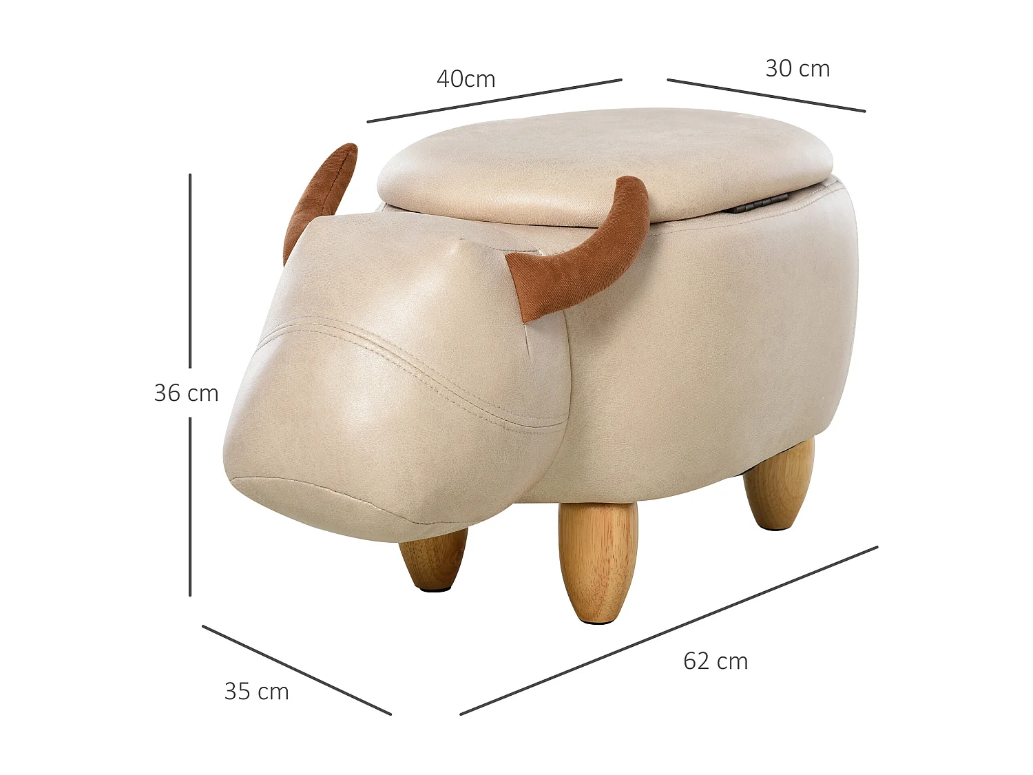 Tabouret vache - pouf vachette - pouf taureau coffre de rangement 2 en 1 - pieds bois d'hévéa revêtement synthétique crème