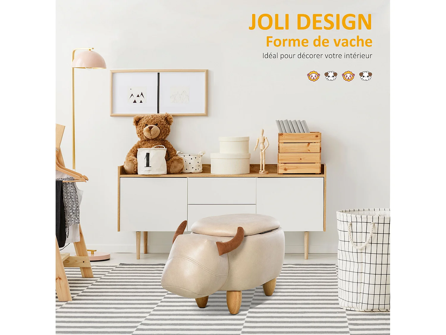 Tabouret vache - pouf vachette - pouf taureau coffre de rangement 2 en 1 - pieds bois d'hévéa revêtement synthétique crème