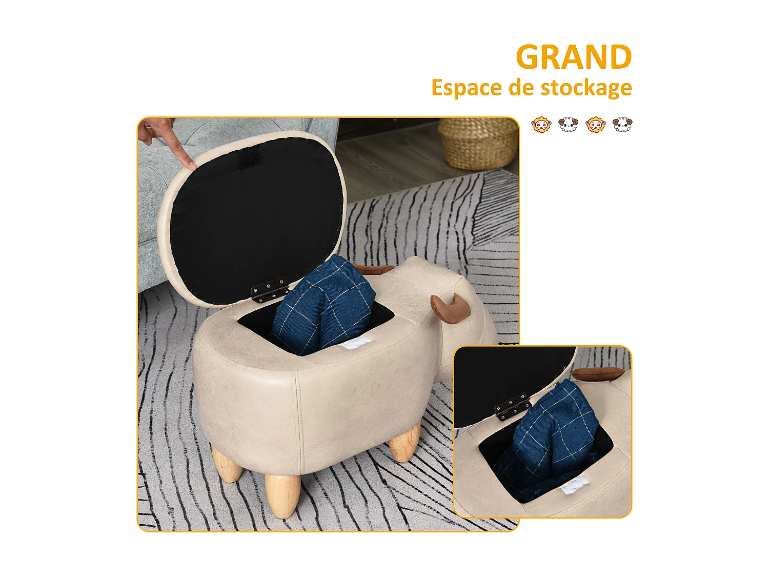 Tabouret vache - pouf vachette - pouf taureau coffre de rangement 2 en 1 - pieds bois d'hévéa revêtement synthétique crème