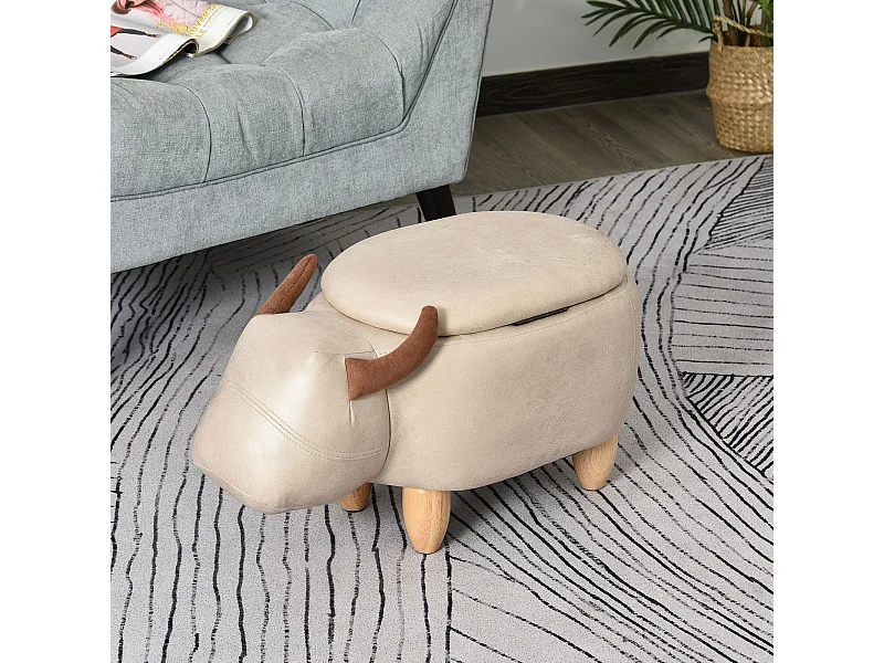 Tabouret vache - pouf vachette - pouf taureau coffre de rangement 2 en 1 - pieds bois d'hévéa revêtement synthétique crème