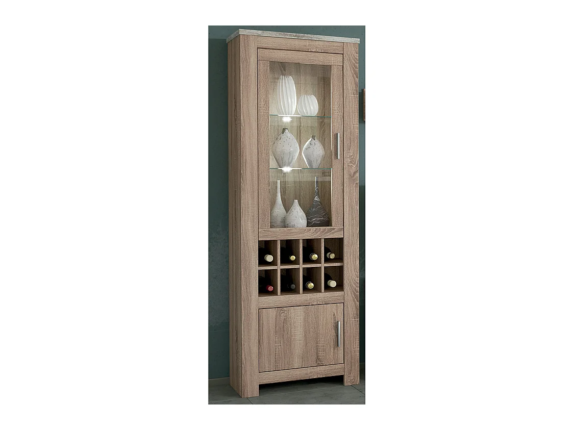 Armoire vitrine, buffet haut coloris Chêne truffé, blanc vieilli - Longueur 68 x Profondeur 37 x Hauteur 201 cm