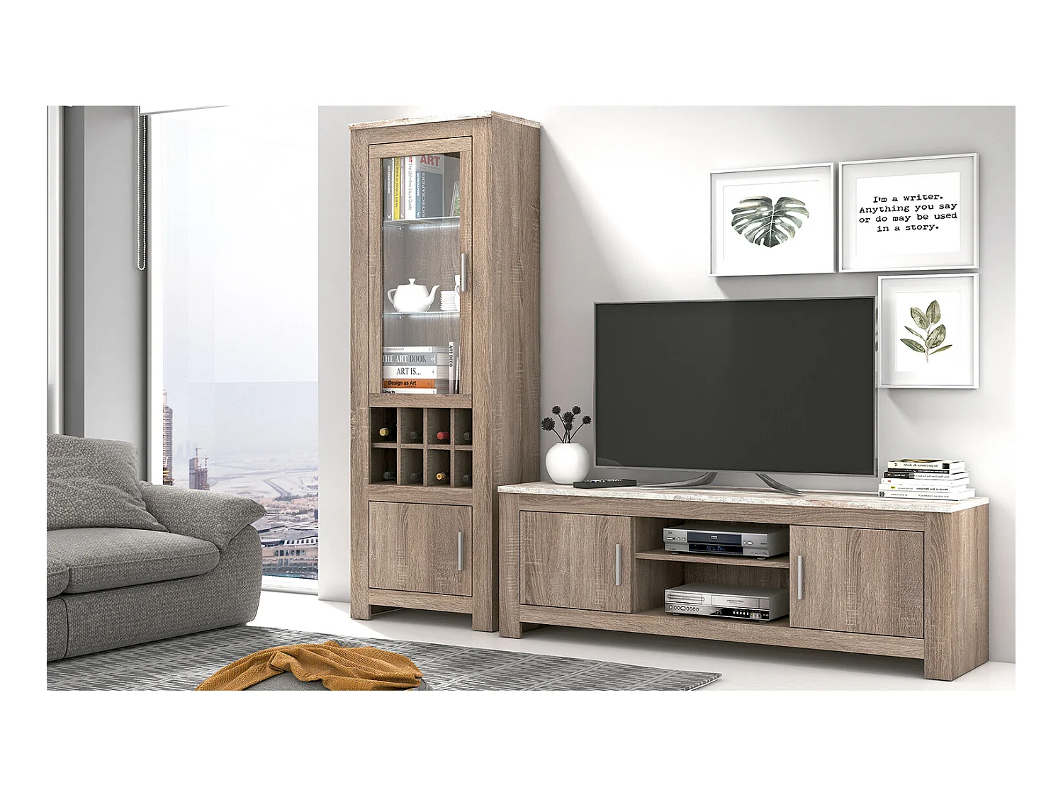 Armoire vitrine, buffet haut coloris Chêne truffé, blanc vieilli - Longueur 68 x Profondeur 37 x Hauteur 201 cm