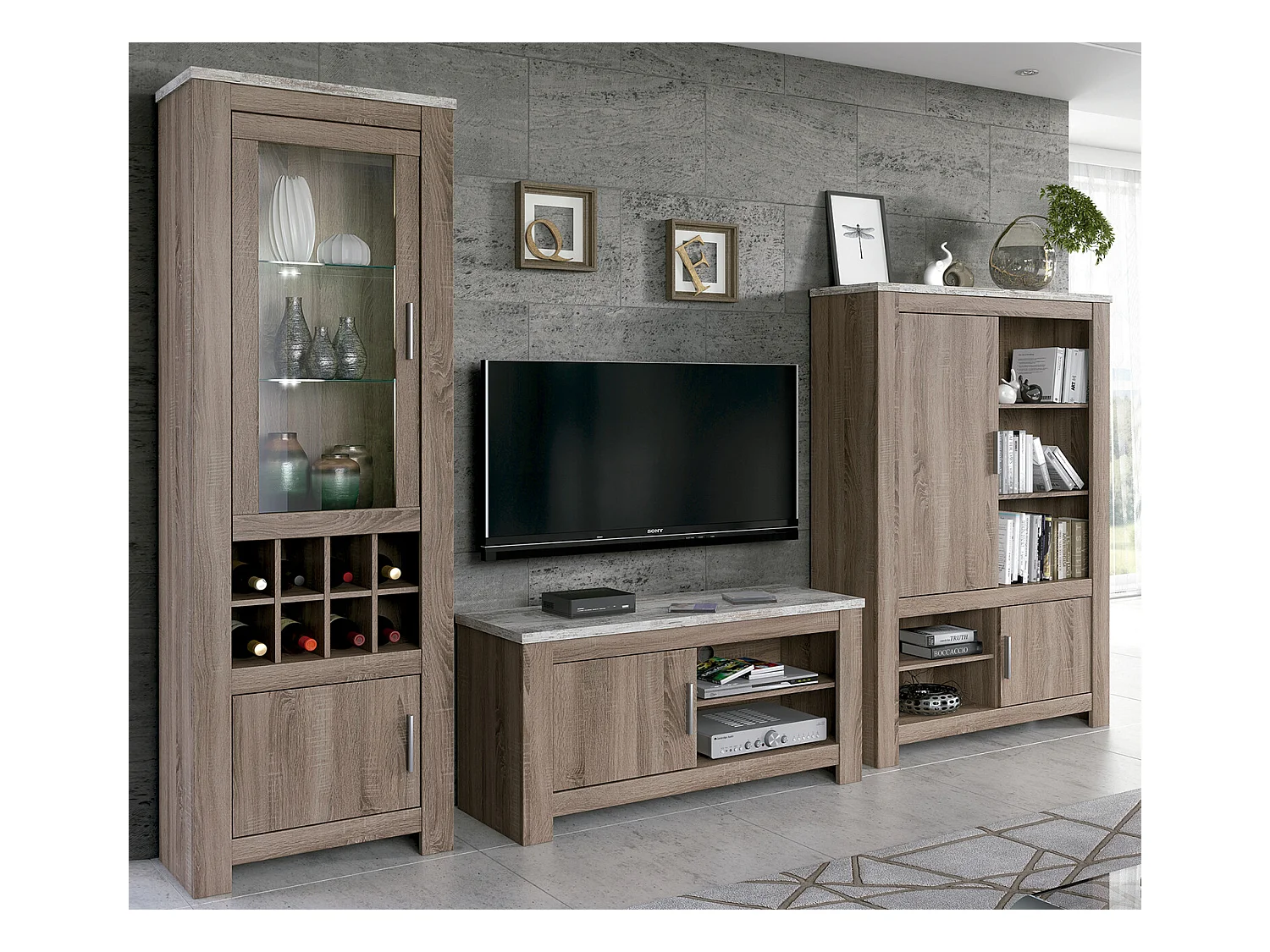 Armoire vitrine, buffet haut coloris Chêne truffé, blanc vieilli - Longueur 68 x Profondeur 37 x Hauteur 201 cm