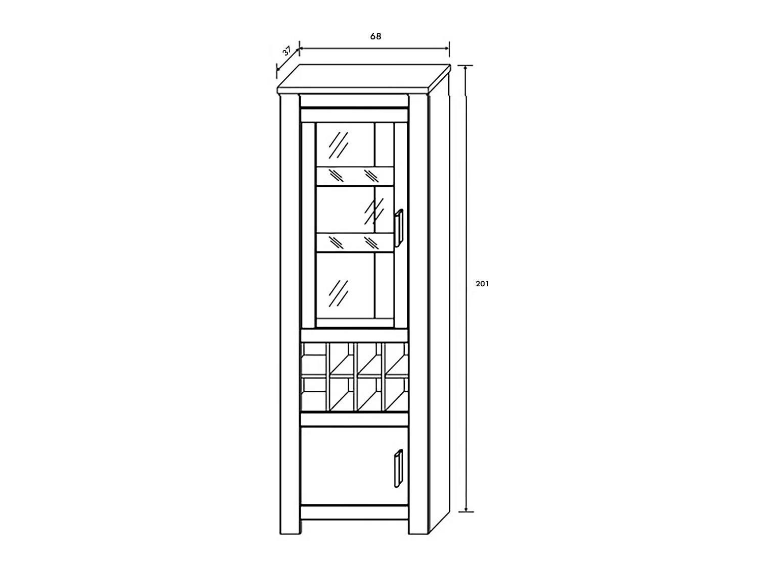 Armoire vitrine, buffet haut coloris Chêne truffé, blanc vieilli - Longueur 68 x Profondeur 37 x Hauteur 201 cm