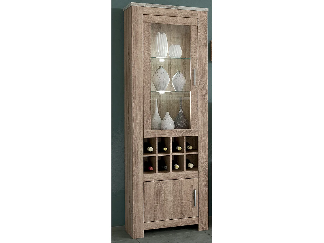 Armoire vitrine, buffet haut coloris Chêne truffé, blanc vieilli - Longueur 68 x Profondeur 37 x Hauteur 201 cm