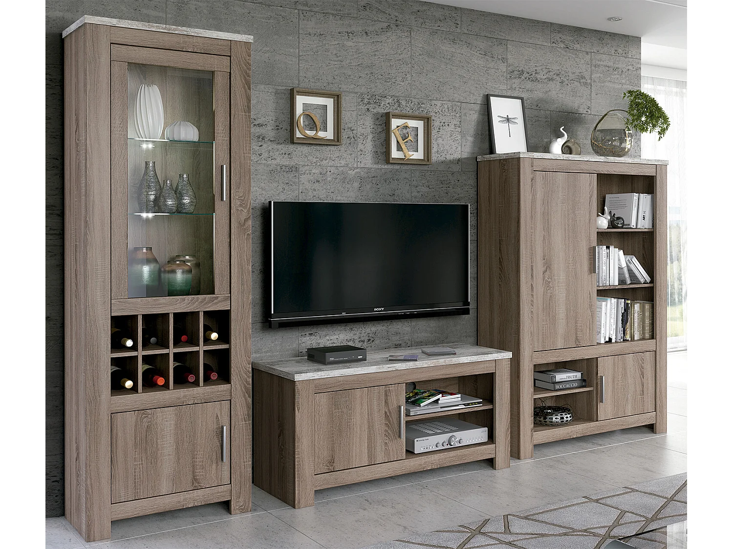 Armoire vitrine, buffet haut coloris Chêne truffé, blanc vieilli - Longueur 68 x Profondeur 37 x Hauteur 201 cm