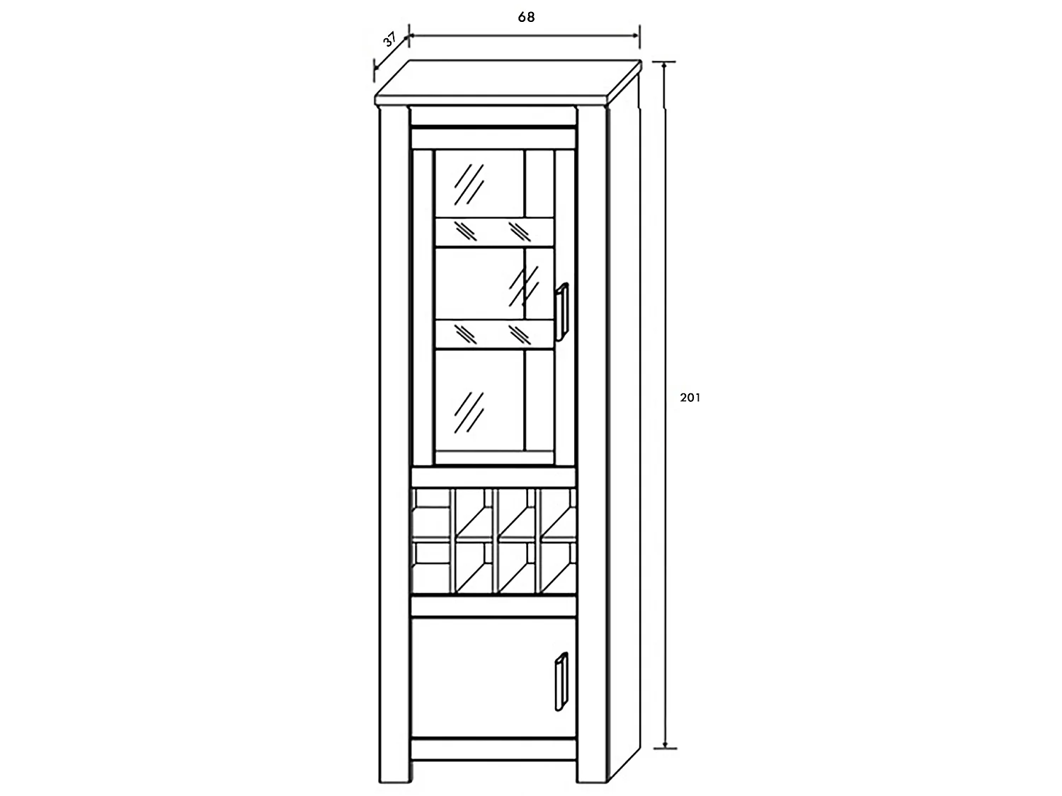 Armoire vitrine, buffet haut coloris Chêne truffé, blanc vieilli - Longueur 68 x Profondeur 37 x Hauteur 201 cm