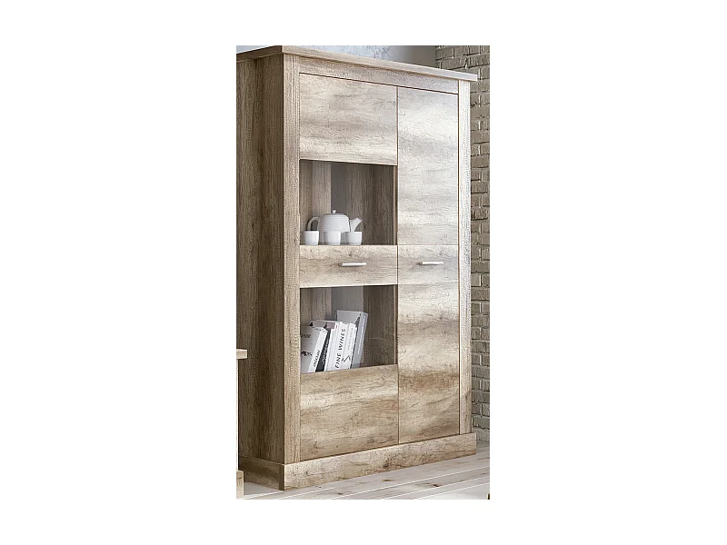 Armoire vitrine, buffet haut coloris Chêne vieilli - Longueur 125 x Profondeur 41,80 x Hauteur 174,70 cm