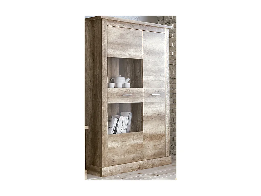 Armoire vitrine, buffet haut coloris Chêne vieilli - Longueur 125 x Profondeur 41,80 x Hauteur 174,70 cm