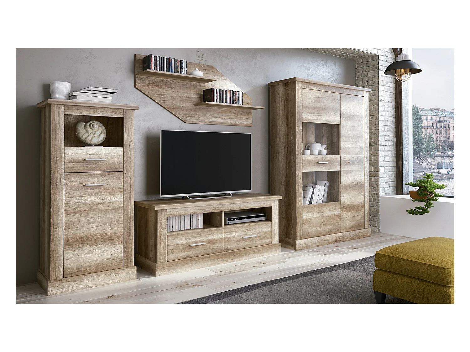 Armoire vitrine, buffet haut coloris Chêne vieilli - Longueur 125 x Profondeur 41,80 x Hauteur 174,70 cm