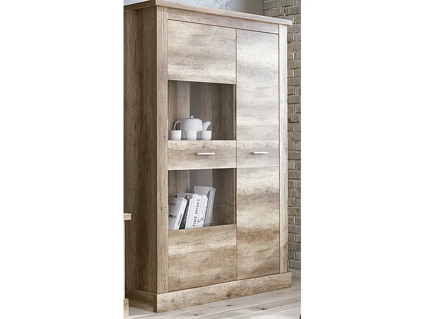 Armoire vitrine, buffet haut coloris Chêne vieilli - Longueur 125 x Profondeur 41,80 x Hauteur 174,70 cm