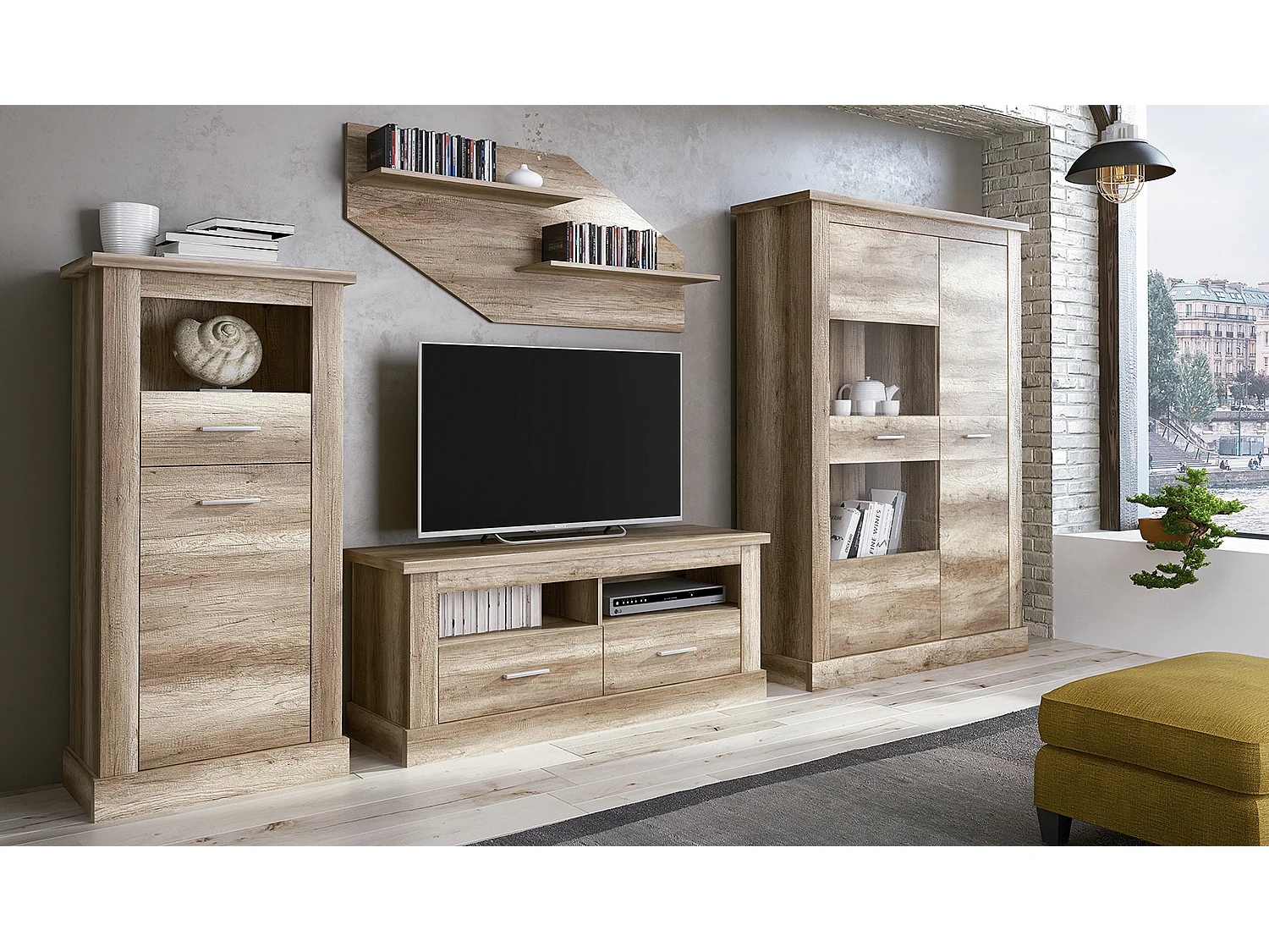 Armoire vitrine, buffet haut coloris Chêne vieilli - Longueur 125 x Profondeur 41,80 x Hauteur 174,70 cm