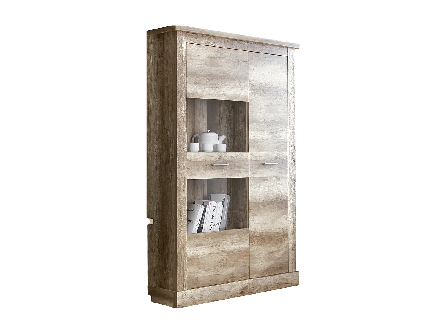 Armoire vitrine, buffet haut coloris Chêne vieilli - Longueur 125 x Profondeur 41,80 x Hauteur 174,70 cm