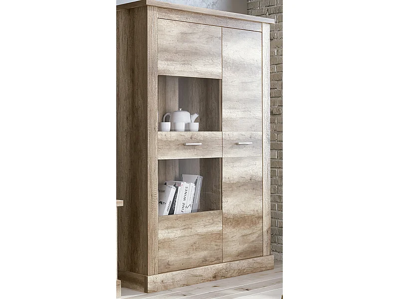 Armoire vitrine, buffet haut coloris Chêne vieilli - Longueur 125 x Profondeur 41,80 x Hauteur 174,70 cm
