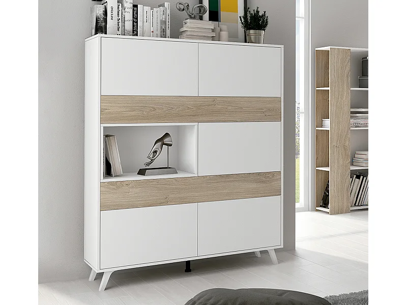 Armoire vitrine, buffet haut coloris blanc/chêne - Longueur 120.9 x Profondeur 39.6 x Hauteur 156 cm