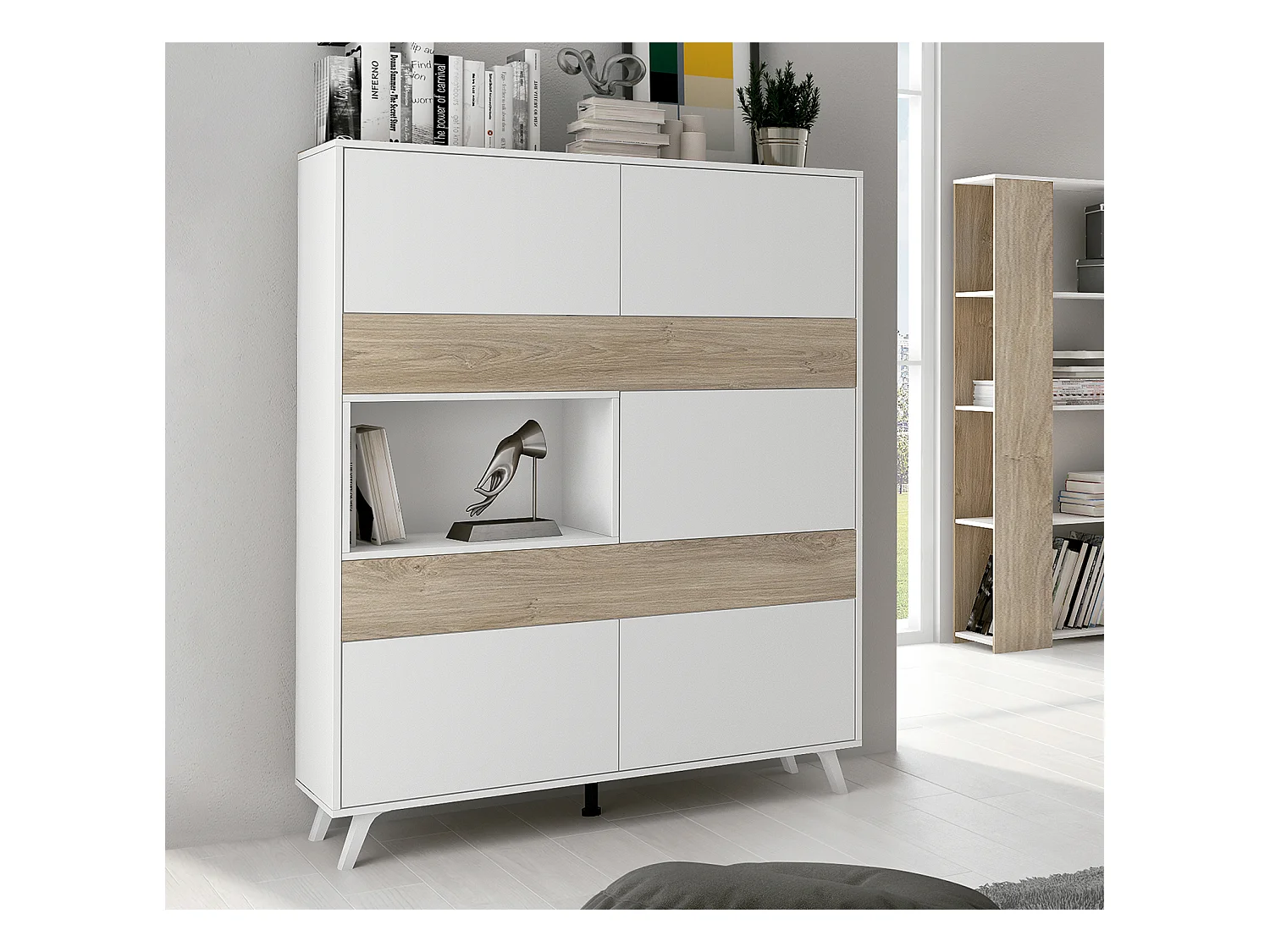 Armoire vitrine, buffet haut coloris blanc/chêne - Longueur 120.9 x Profondeur 39.6 x Hauteur 156 cm
