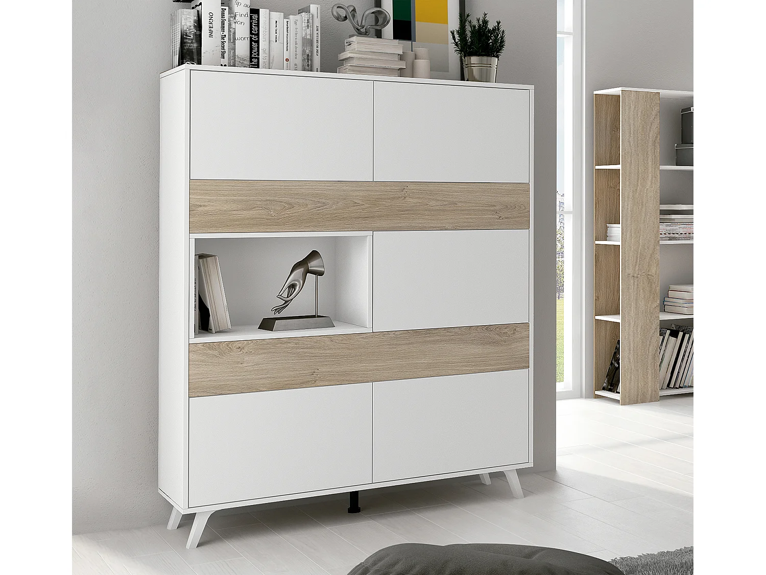 Armoire vitrine, buffet haut coloris blanc/chêne - Longueur 120.9 x Profondeur 39.6 x Hauteur 156 cm