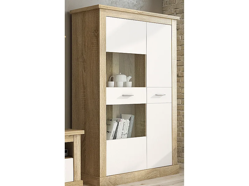 Armoire vitrine, buffet haut coloris Chêne cambrian,blanc - Longueur 125 x Profondeur 41,80 x Hauteur 174,70 cm