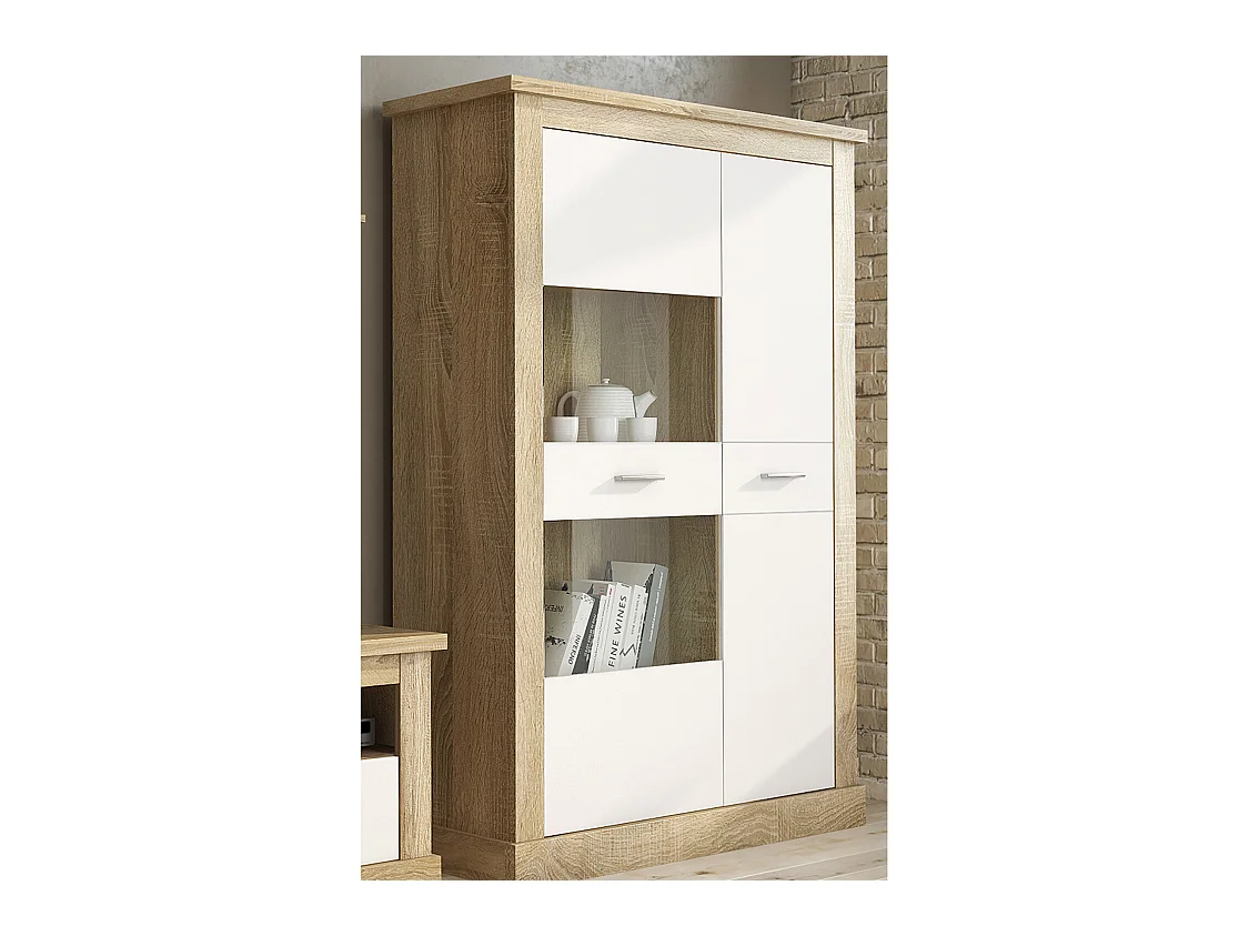 Armoire vitrine, buffet haut coloris Chêne cambrian,blanc - Longueur 125 x Profondeur 41,80 x Hauteur 174,70 cm