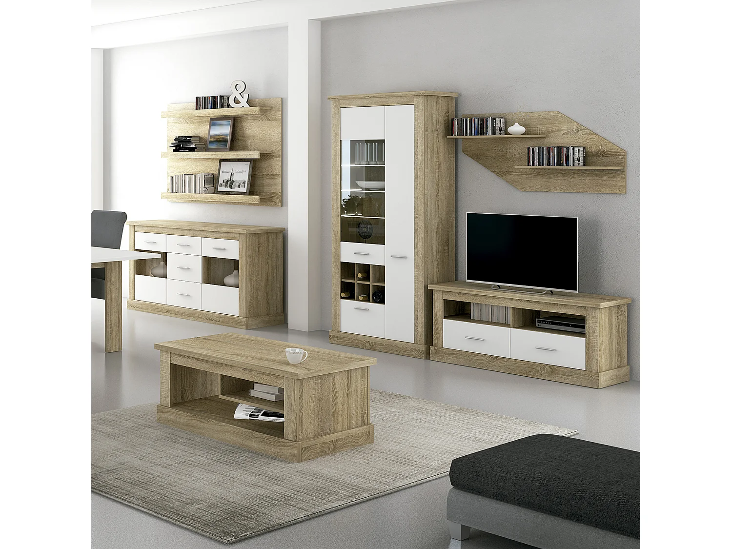 Armoire vitrine, buffet haut coloris Chêne cambrian,blanc - Longueur 125 x Profondeur 41,80 x Hauteur 174,70 cm