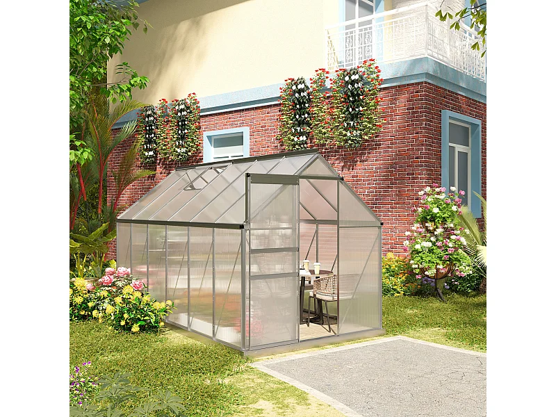 Serre de jardin aluminium polycarbonate 7,12 m² dim. 3,75L x 1,9l x 2H m lucarne réglable fondation porte coulissante