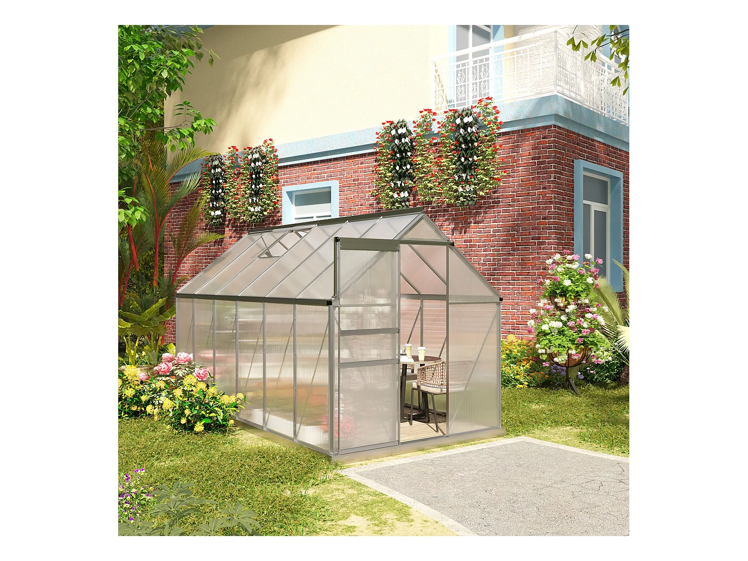 Serre de jardin aluminium polycarbonate 7,12 m² dim. 3,75L x 1,9l x 2H m lucarne réglable fondation porte coulissante