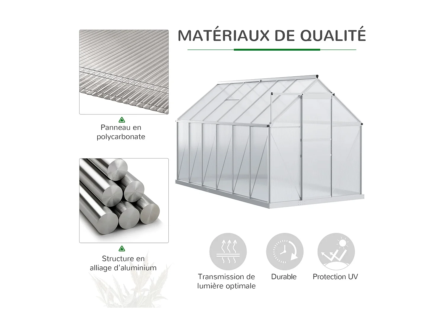Serre de jardin aluminium polycarbonate 7,12 m² dim. 3,75L x 1,9l x 2H m lucarne réglable fondation porte coulissante