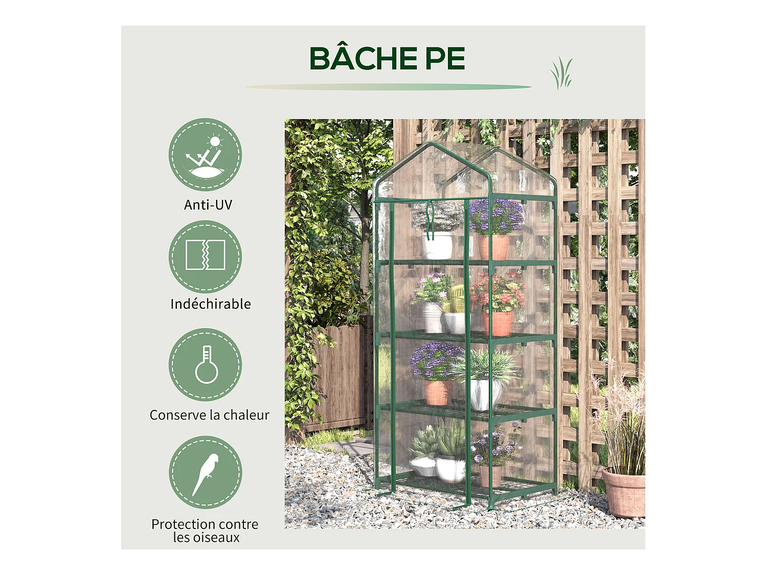 Serre de jardin balcon étagère serre 4 niveaux 0,7L x 0,5l x 1,6H m acier époxy bâche amovible PVC haute densité transparente