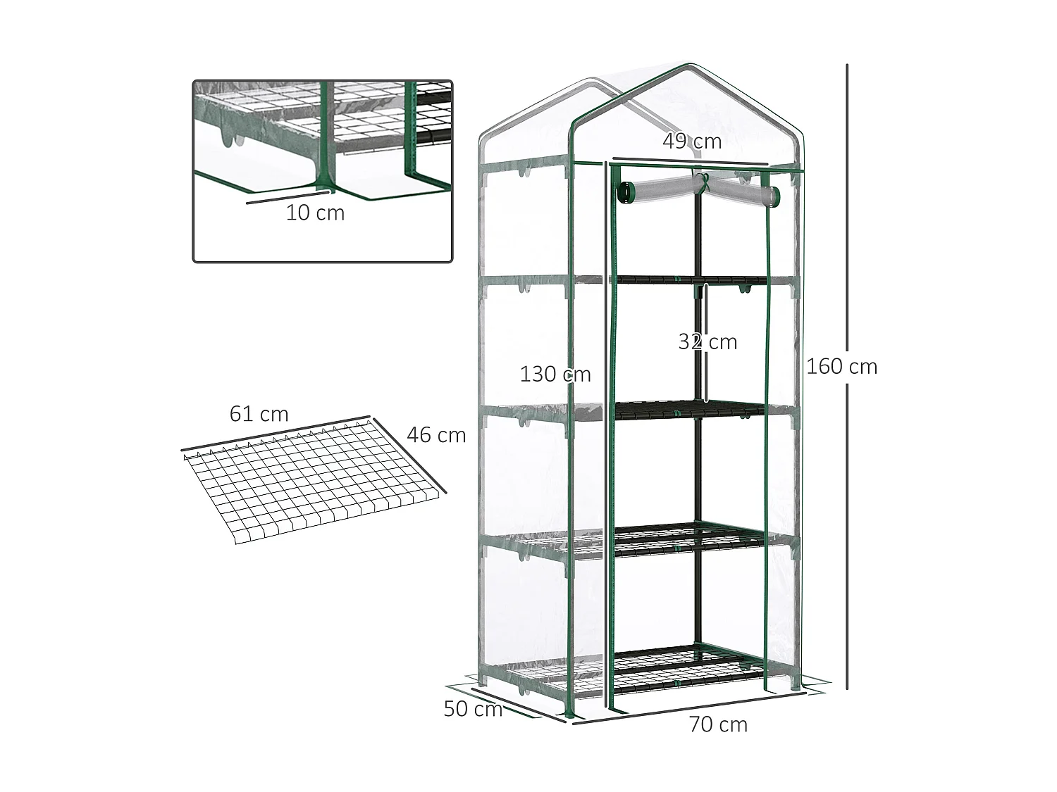 Serre de jardin balcon étagère serre 4 niveaux 0,7L x 0,5l x 1,6H m acier époxy bâche amovible PVC haute densité transparente