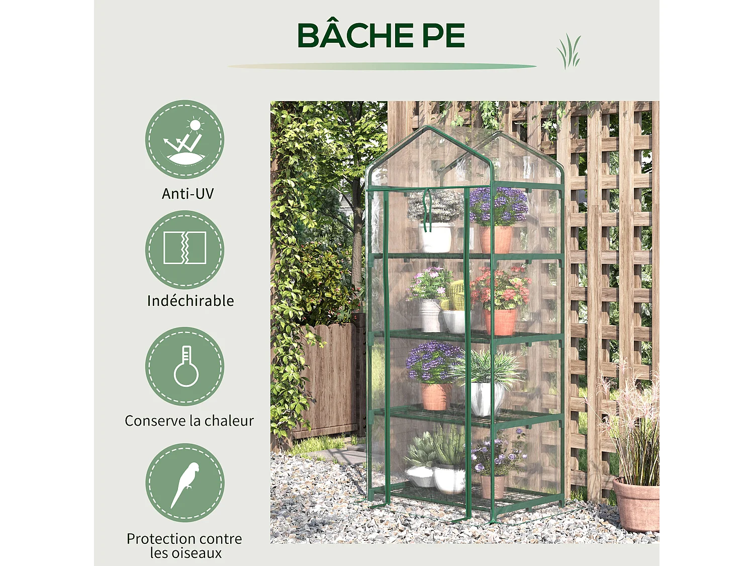 Serre de jardin balcon étagère serre 4 niveaux 0,7L x 0,5l x 1,6H m acier époxy bâche amovible PVC haute densité transparente