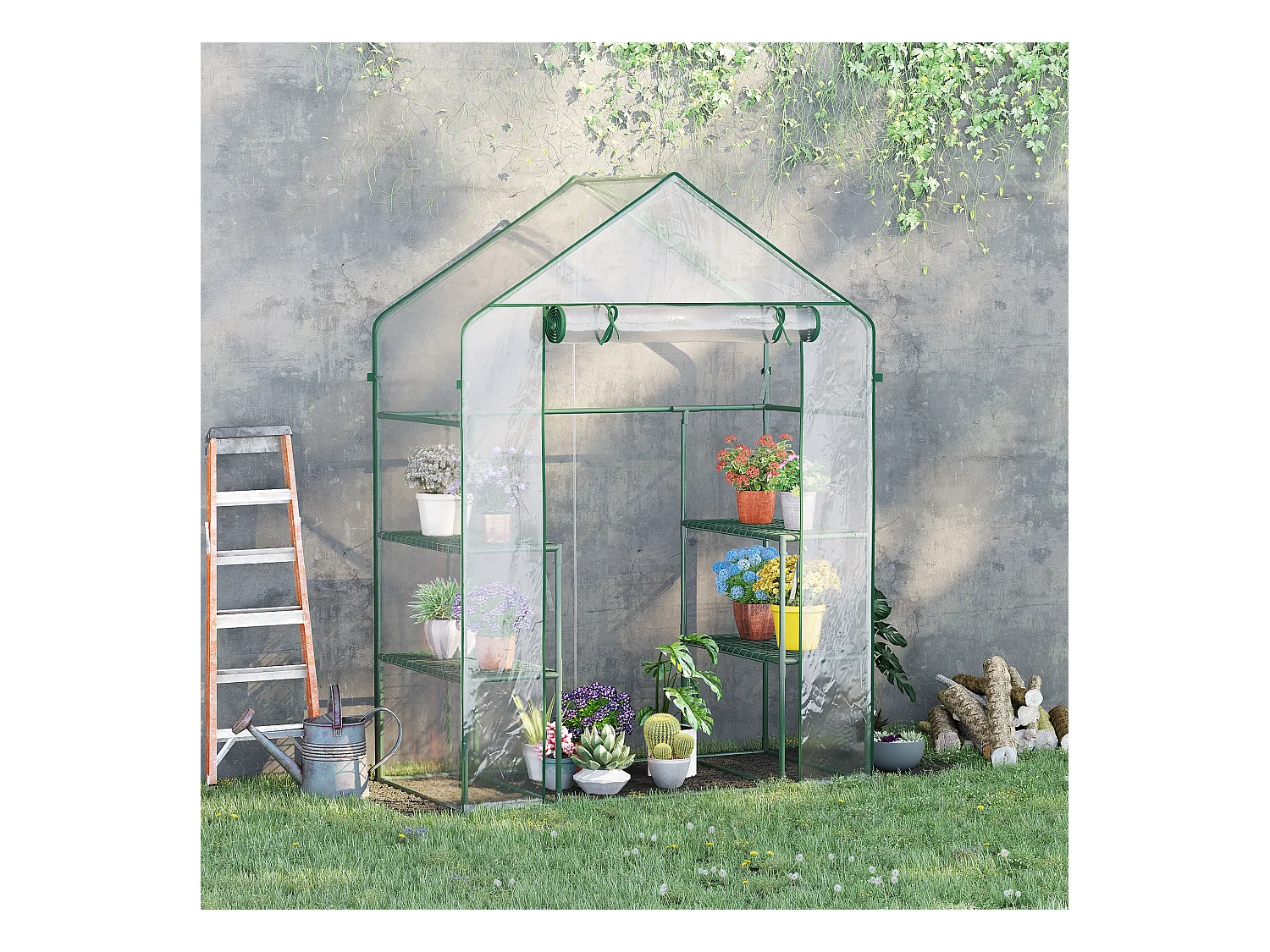 Serre de jardin 6 étagères - dim. 142L x 73l x 195H cm - porte - acier thermolaqué PVC haute densité anti-UV - transparent vert