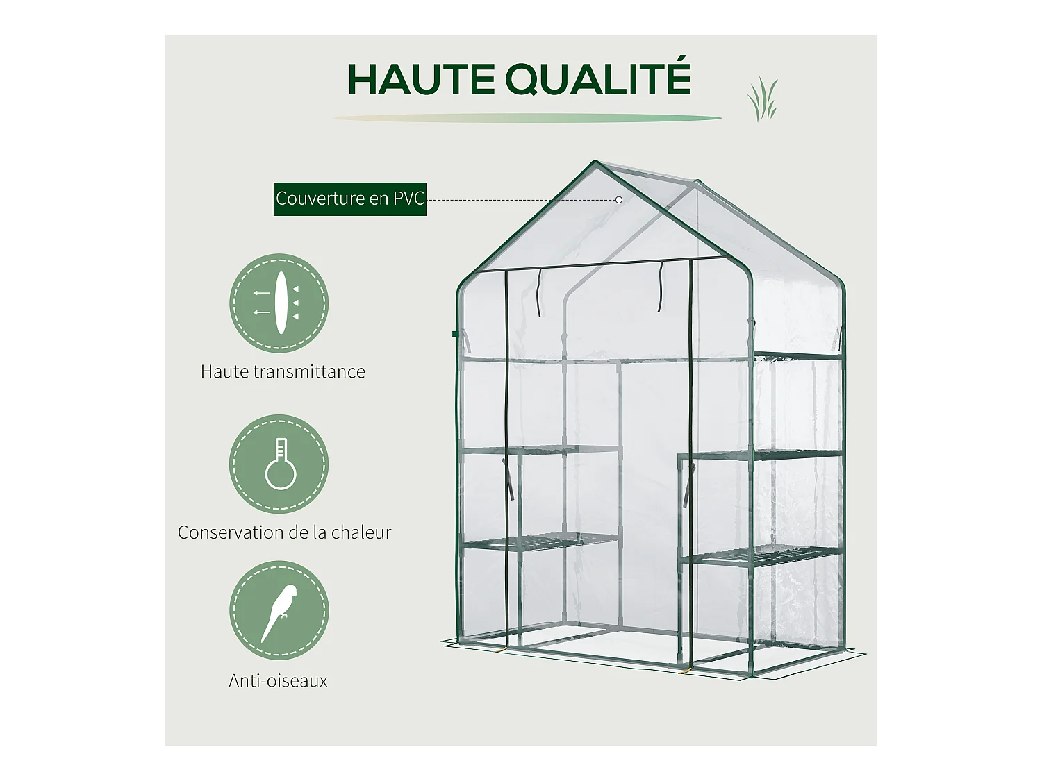 Serre de jardin 6 étagères - dim. 142L x 73l x 195H cm - porte - acier thermolaqué PVC haute densité anti-UV - transparent vert