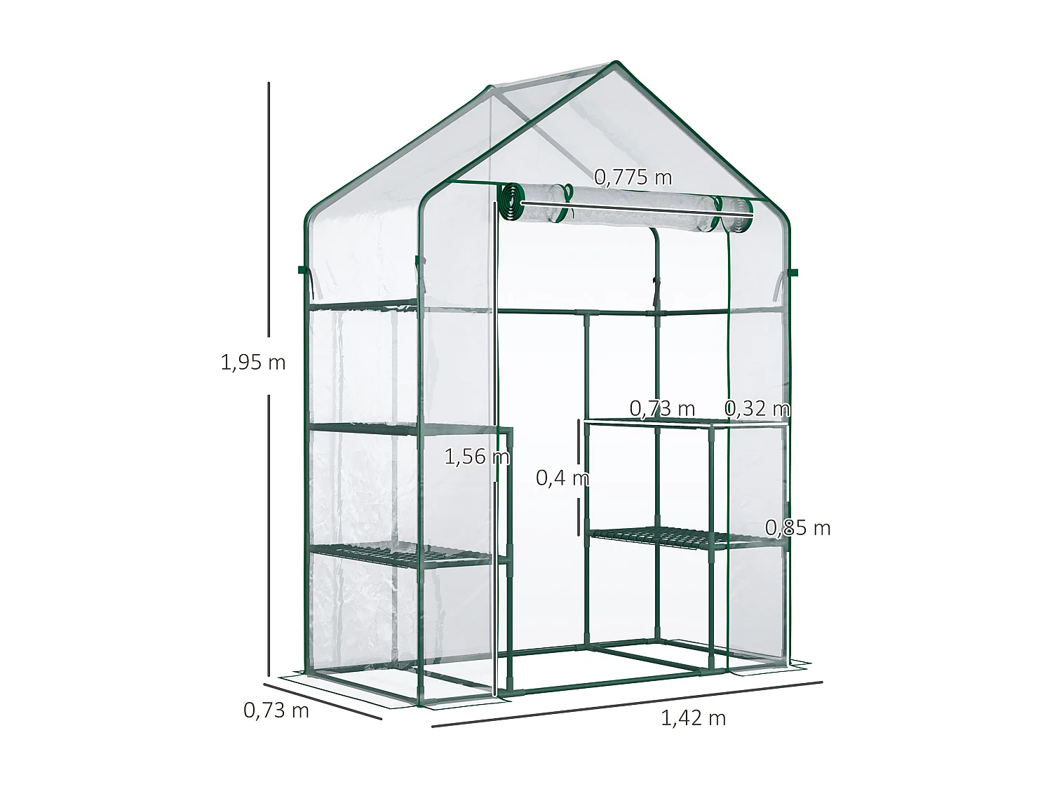 Serre de jardin 6 étagères - dim. 142L x 73l x 195H cm - porte - acier thermolaqué PVC haute densité anti-UV - transparent vert