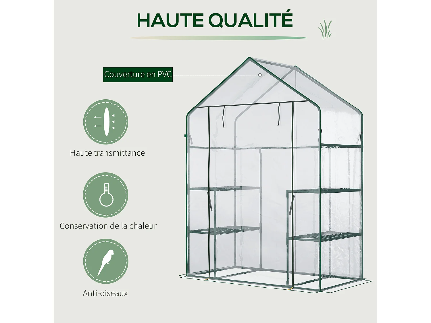 Serre de jardin 6 étagères - dim. 142L x 73l x 195H cm - porte - acier thermolaqué PVC haute densité anti-UV - transparent vert