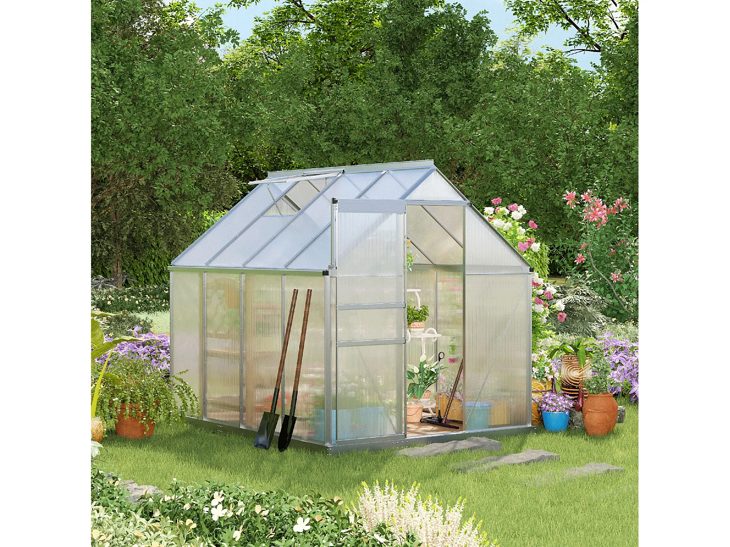 Serre de jardin aluminium polycarbonate 4,8 m² dim. 2,53L x 1,9l x 2H m lucarne réglable fondation porte coulissante