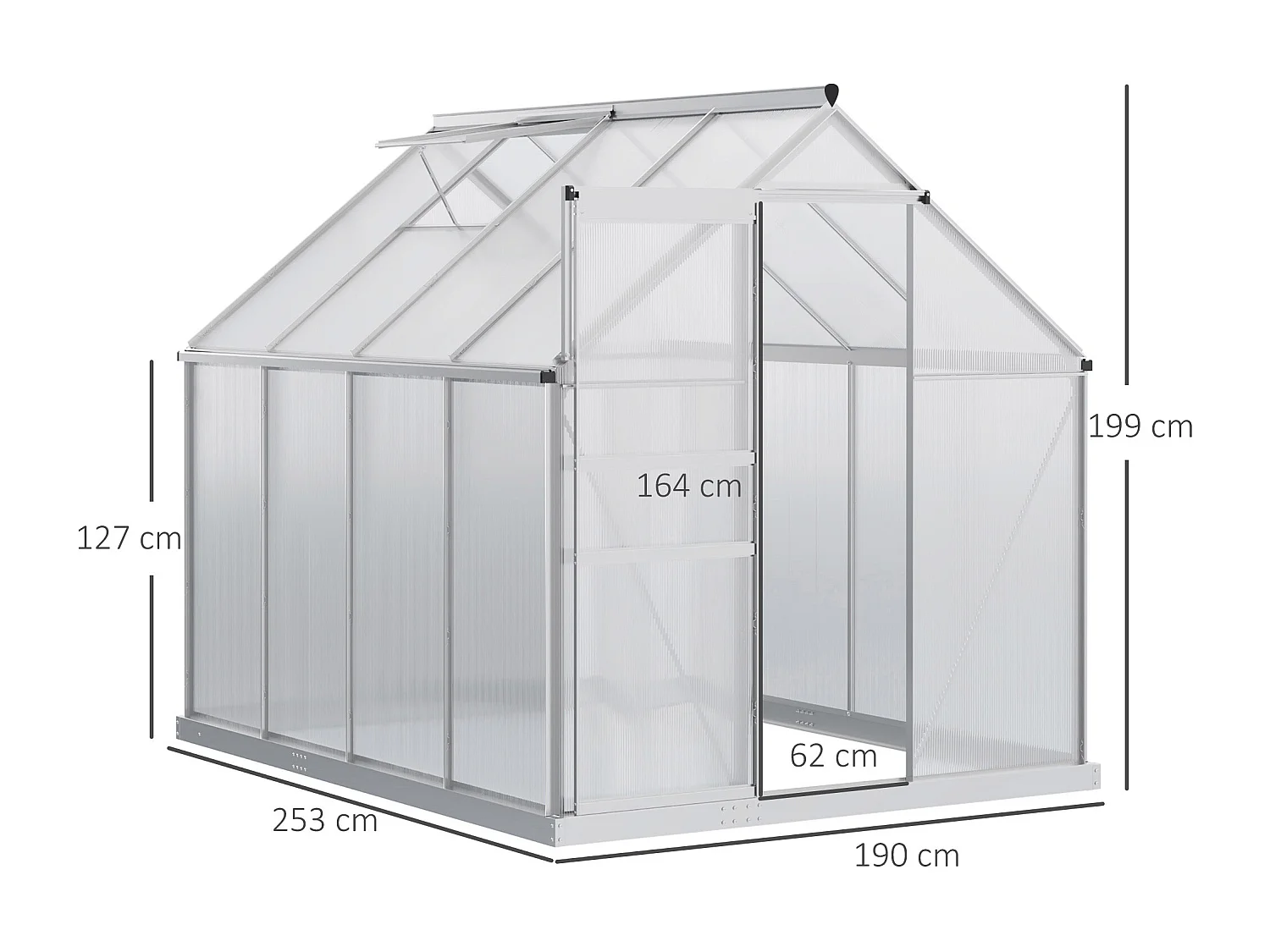 Serre de jardin aluminium polycarbonate 4,8 m² dim. 2,53L x 1,9l x 2H m lucarne réglable fondation porte coulissante
