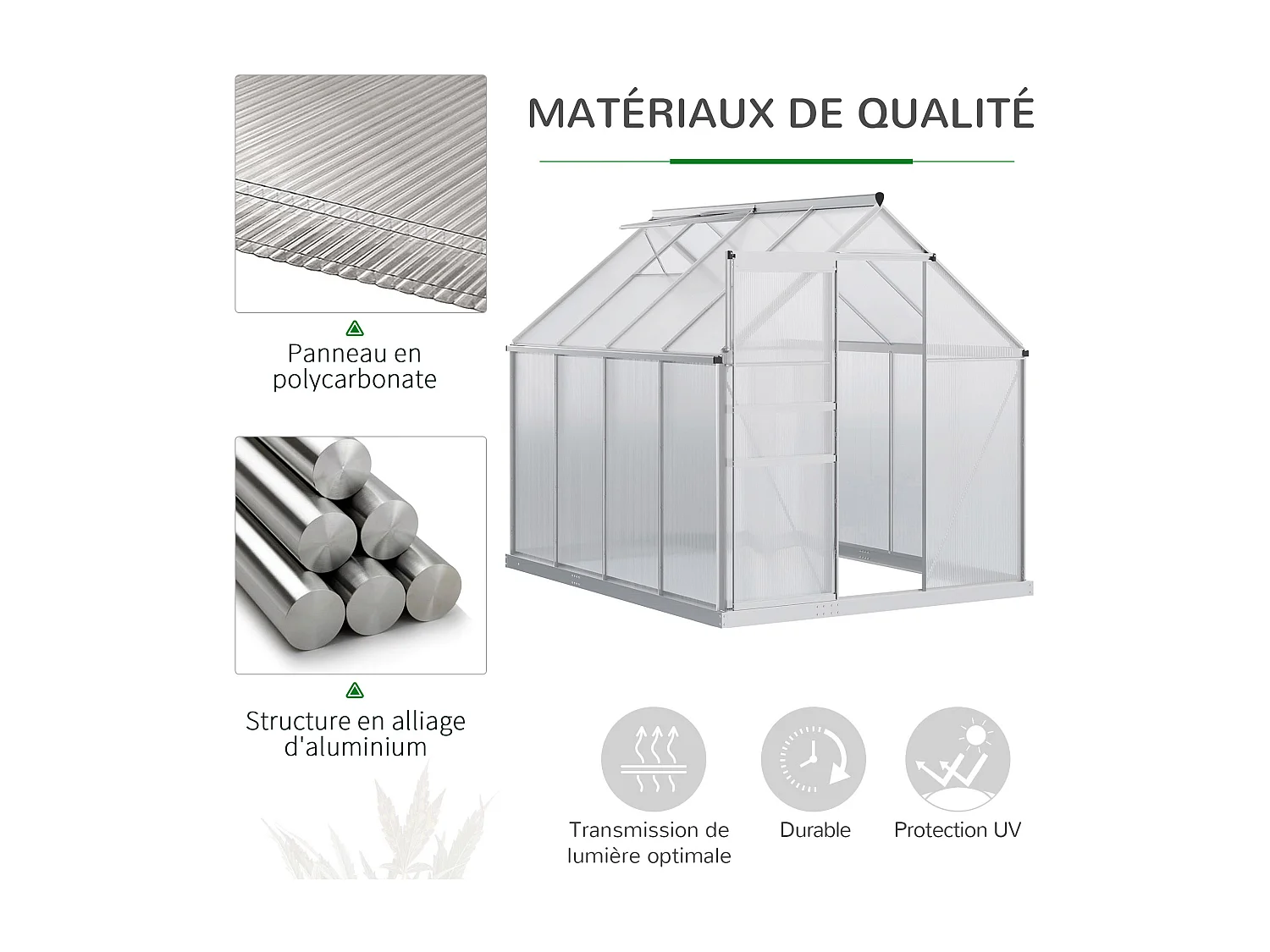 Serre de jardin aluminium polycarbonate 4,8 m² dim. 2,53L x 1,9l x 2H m lucarne réglable fondation porte coulissante