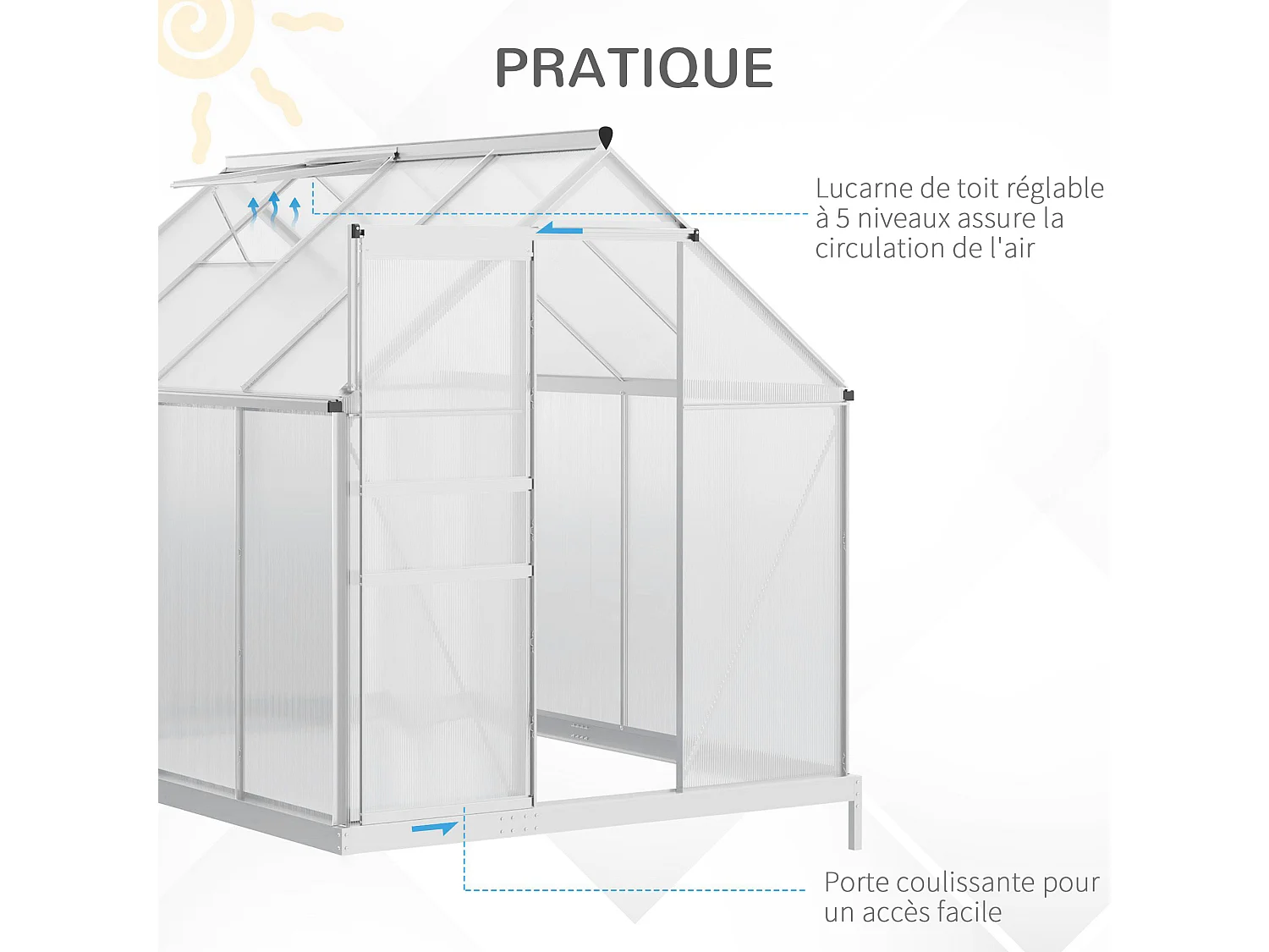 Serre de jardin aluminium polycarbonate 4,8 m² dim. 2,53L x 1,9l x 2H m lucarne réglable fondation porte coulissante