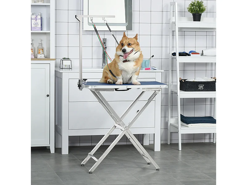 Bras de toilettage pliable animaux - hauteur réglable max. 74 cm - 3 colliers de serrage - chien taille moyenne - alu. acier inox.