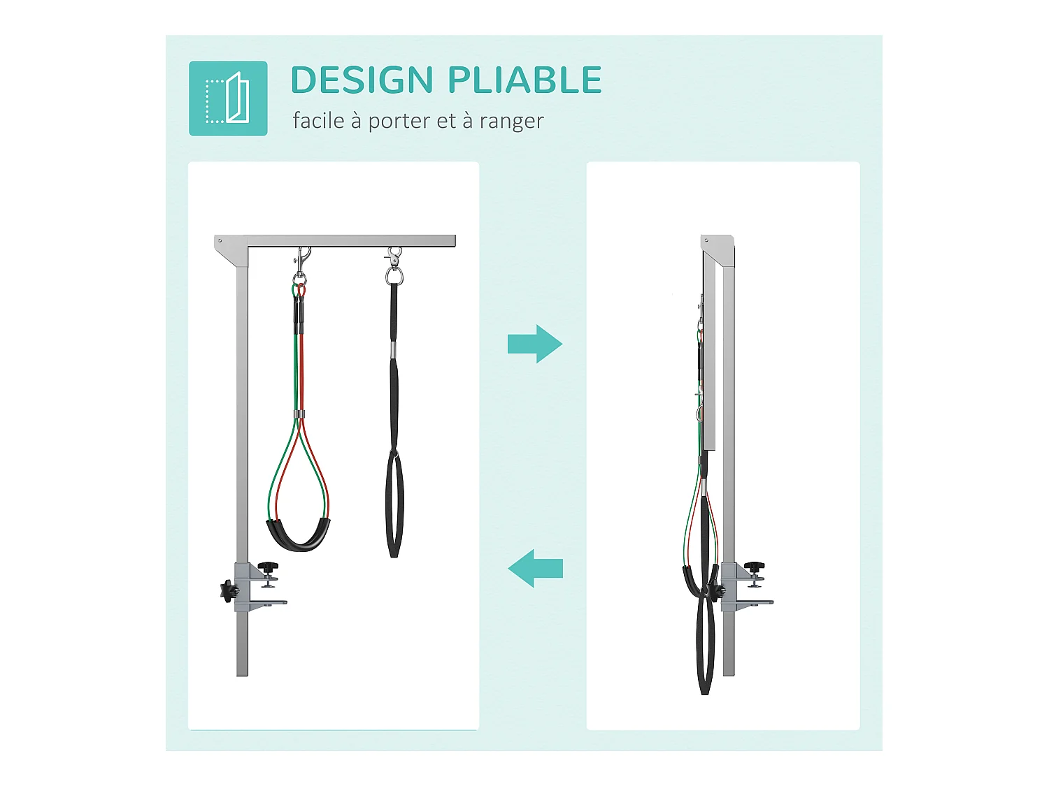 Bras de toilettage pliable animaux - hauteur réglable max. 74 cm - 3 colliers de serrage - chien taille moyenne - alu. acier inox.