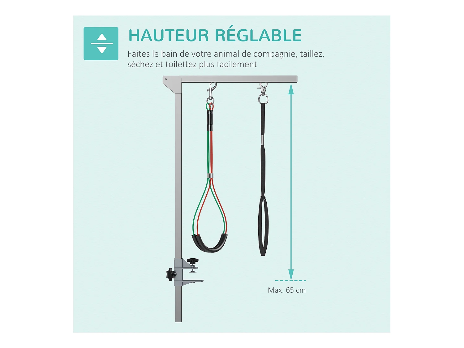Bras de toilettage pliable animaux - hauteur réglable max. 74 cm - 3 colliers de serrage - chien taille moyenne - alu. acier inox.