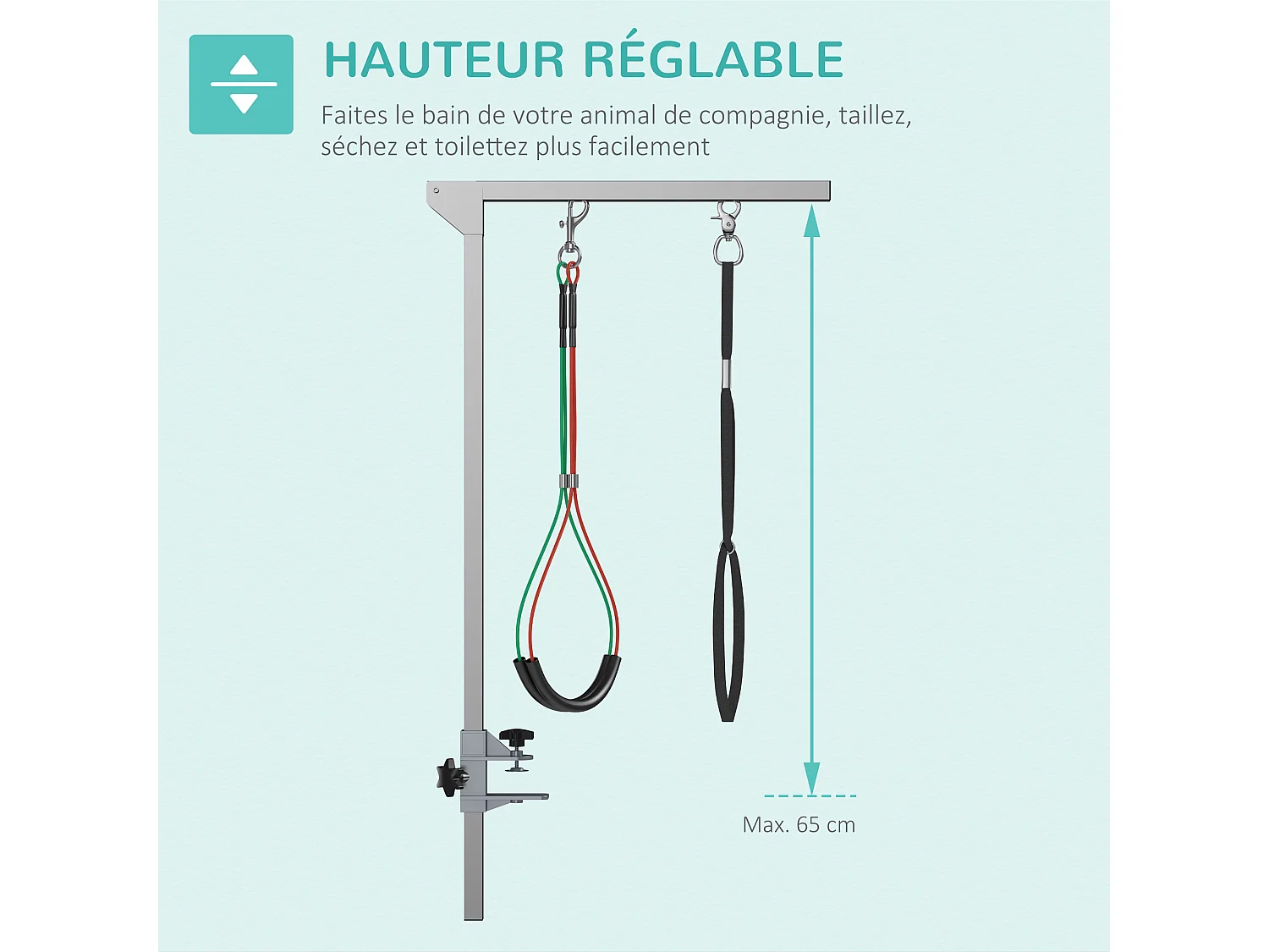 Bras de toilettage pliable animaux - hauteur réglable max. 74 cm - 3 colliers de serrage - chien taille moyenne - alu. acier inox.