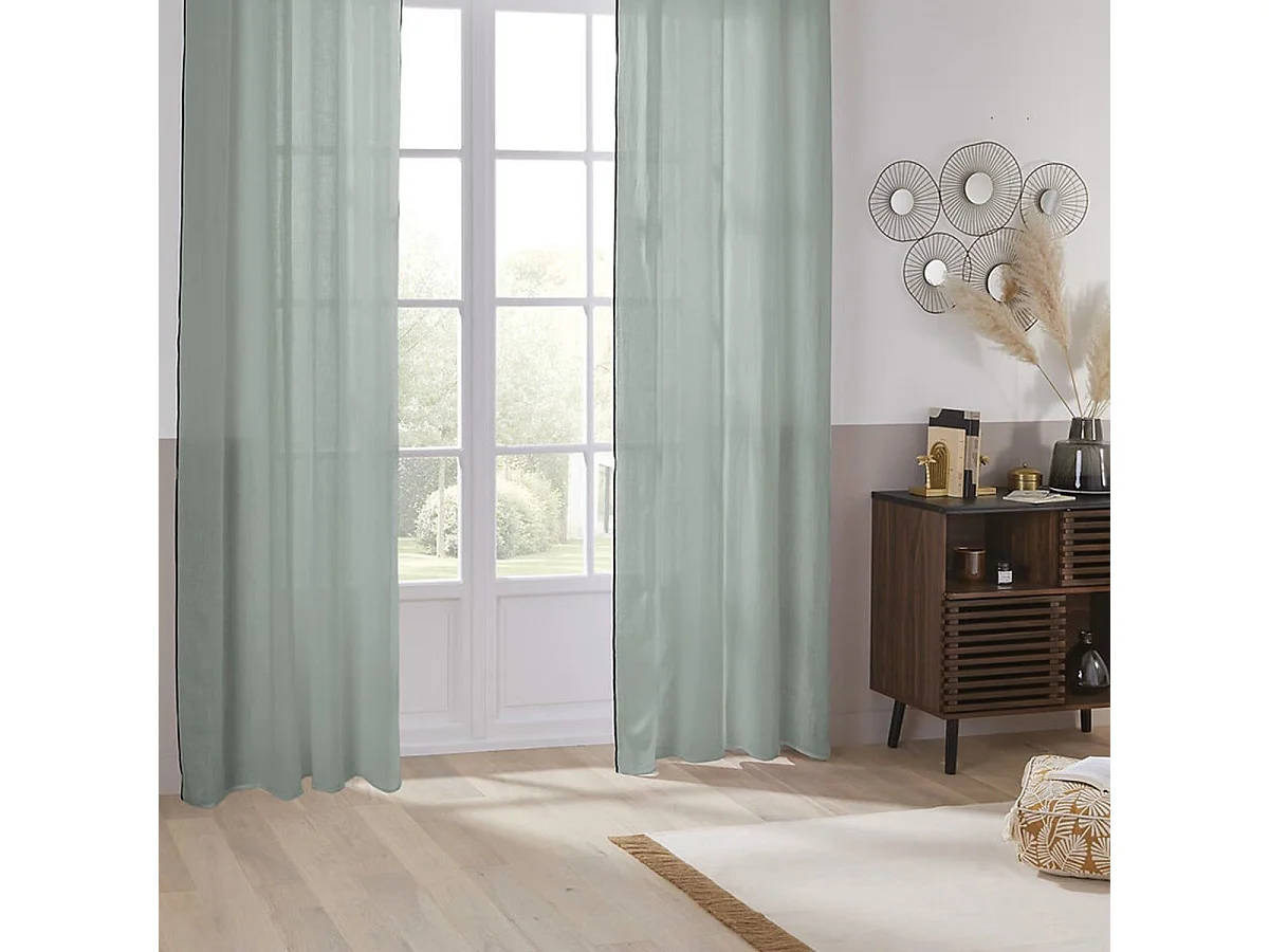 Rideau à œillets en Lin Vert Céladon avec surpiqûre noire 130 x 260 cm