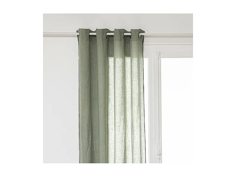 Rideau à œillets en Lin Vert Céladon avec surpiqûre noire 130 x 260 cm