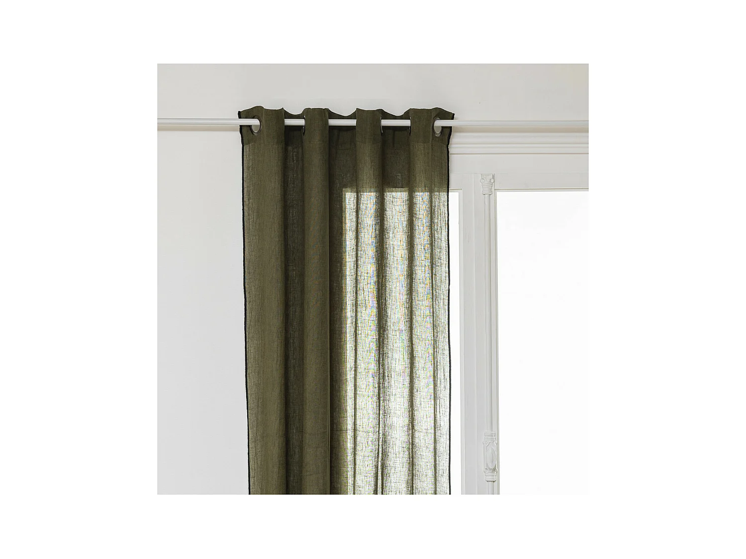 Rideau à œillets en Lin Vert Kaki avec surpiqûre noire 130 x 260 cm