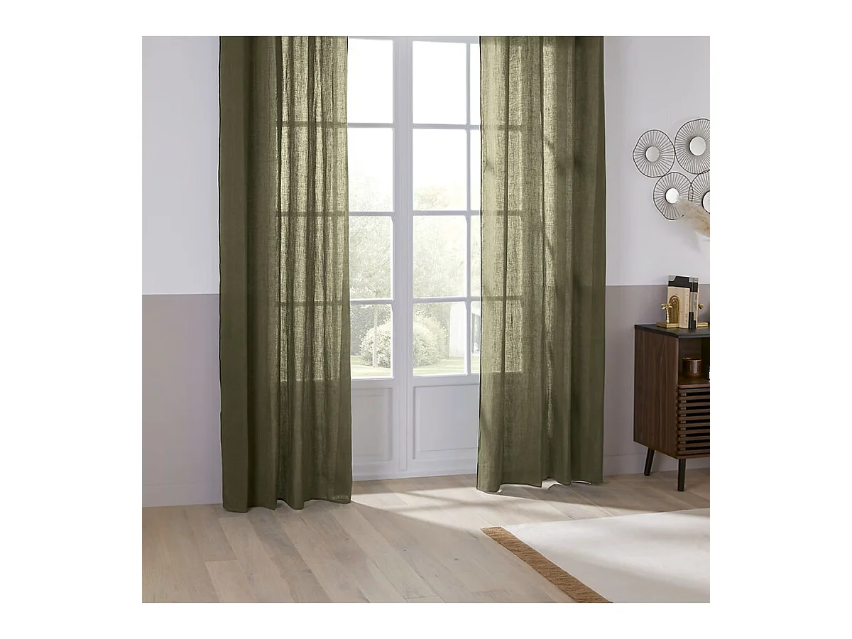 Rideau à œillets en Lin Vert Kaki avec surpiqûre noire 130 x 260 cm