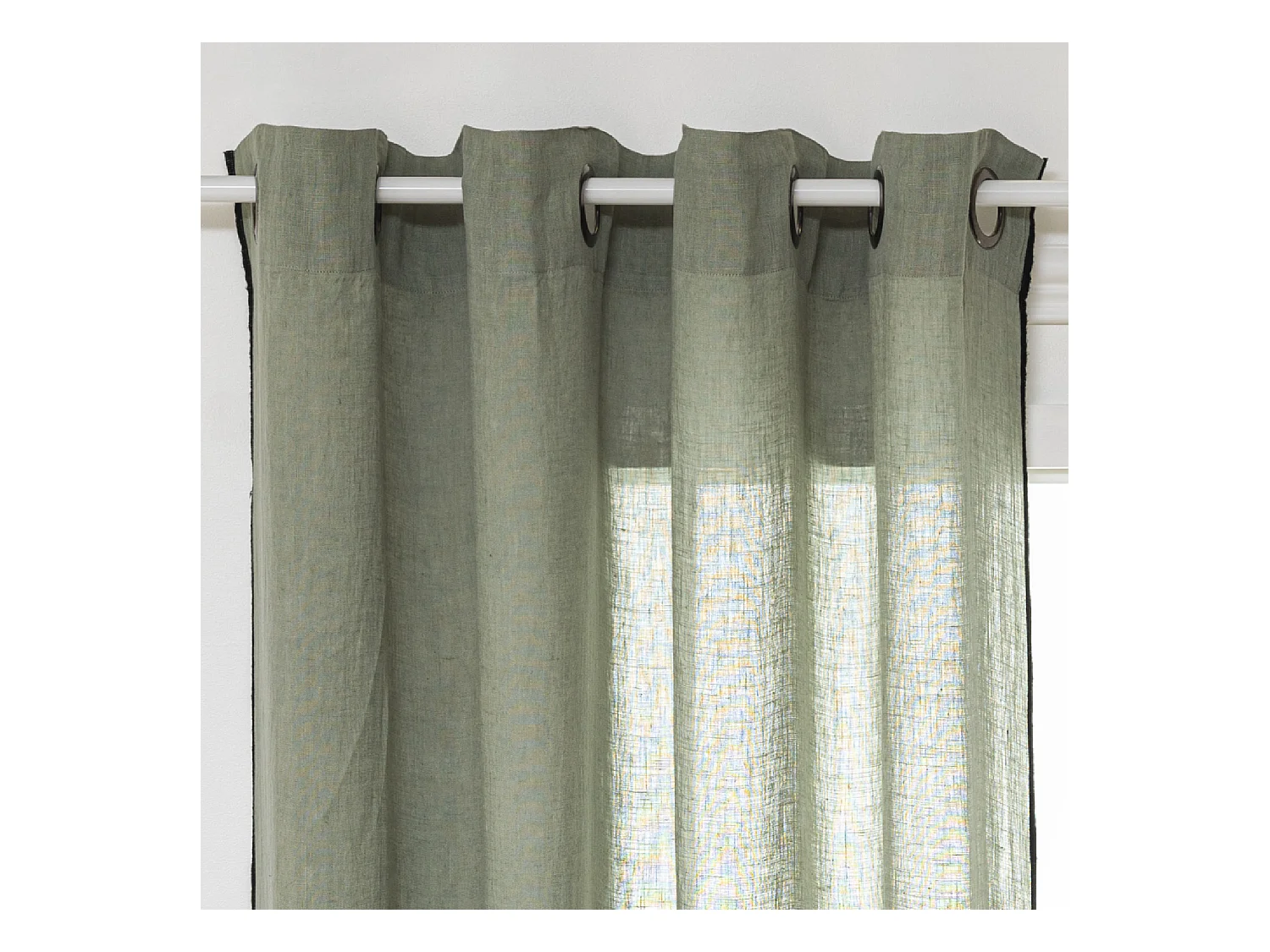Rideau à œillets en Lin Vert Kaki avec surpiqûre noire 130 x 260 cm