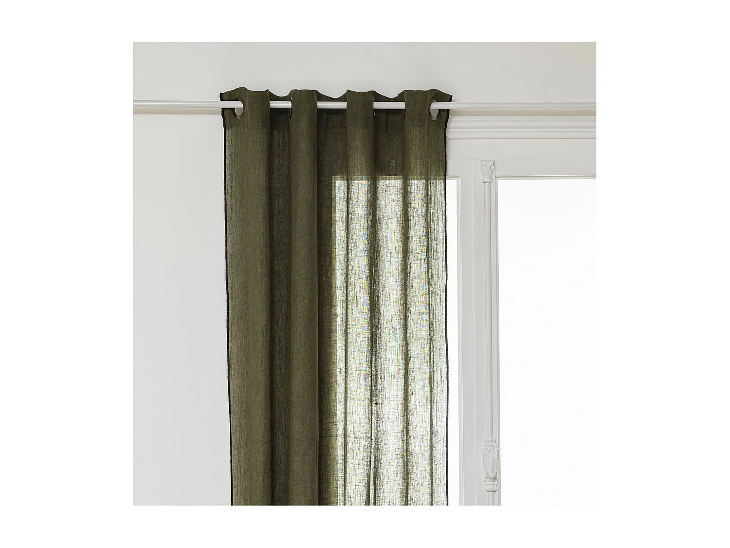 Rideau à œillets en Lin Vert Kaki avec surpiqûre noire 130 x 260 cm