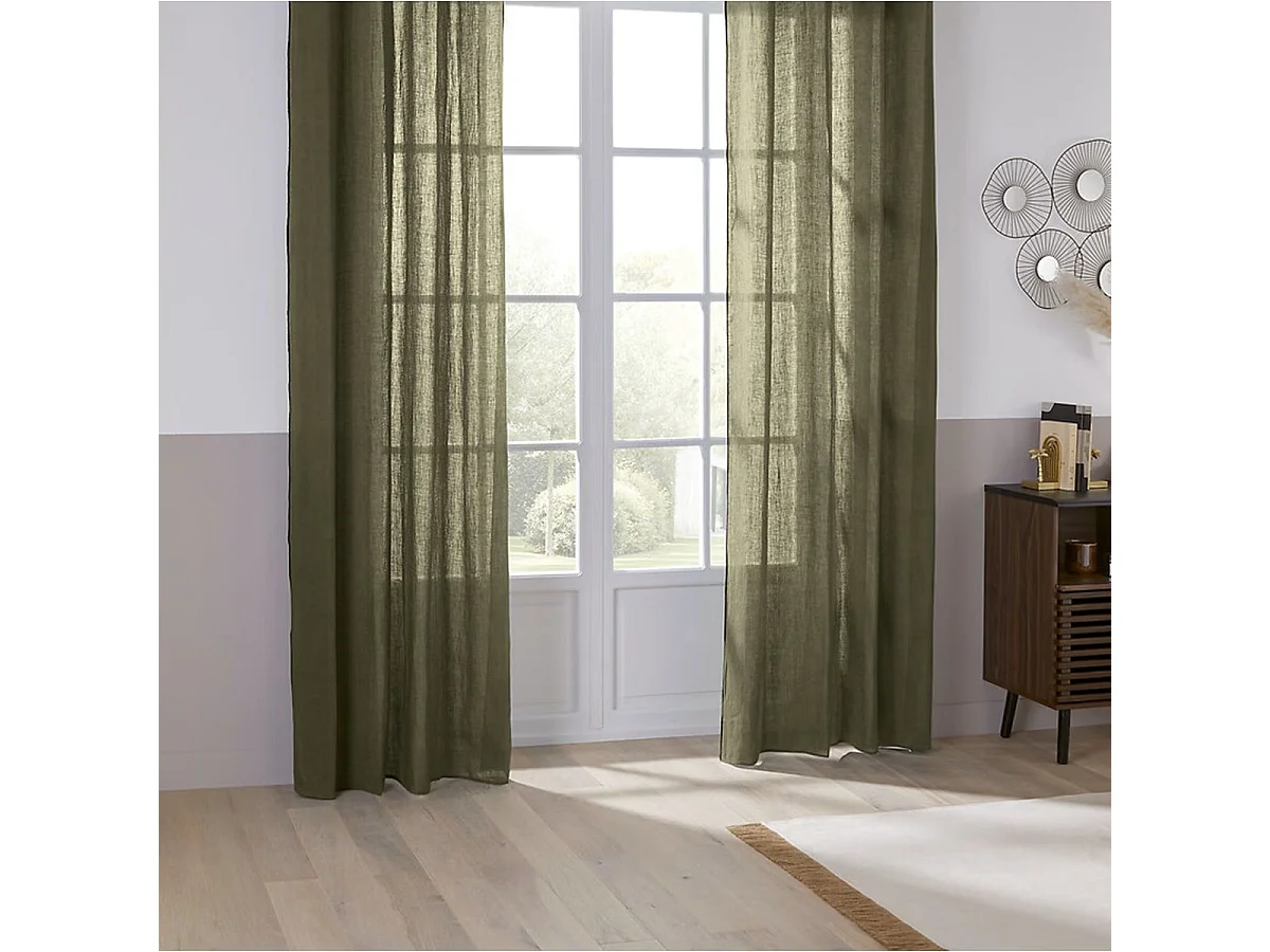 Rideau à œillets en Lin Vert Kaki avec surpiqûre noire 130 x 260 cm